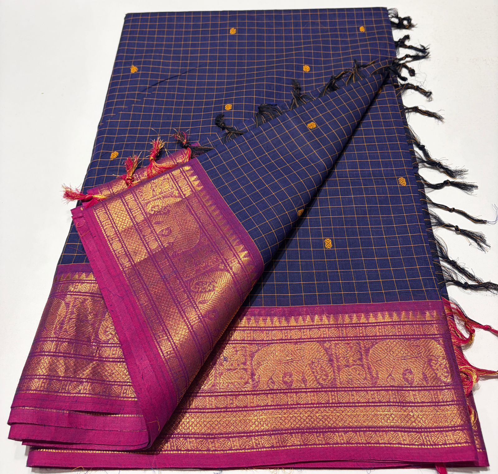 Blue body with a micro-check pattern Gadwal Cotton Silk Saree